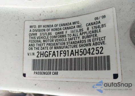 2010 Honda Civic Ex-L from USA, damaged, VIN 2HGFA1F91AH504252